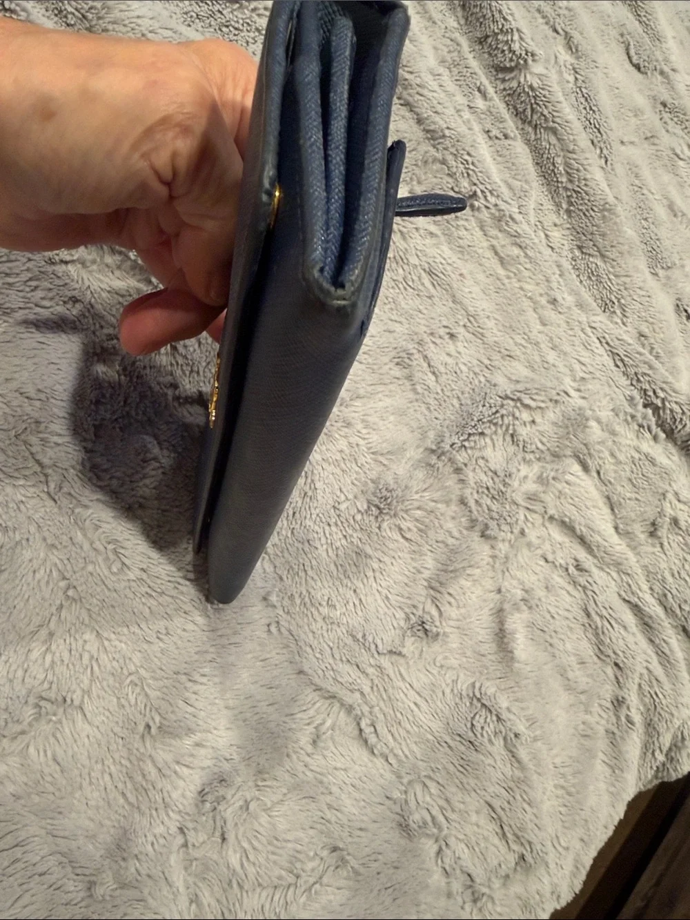 Prada Dark Blue Saffiano Leather Flap Wallet with Gold Logo